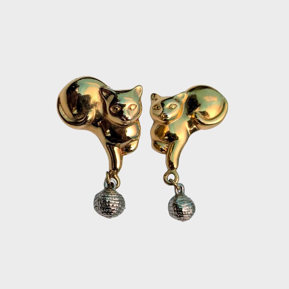 Vintage Cat Yarn Earrings Gold & Silver Tone Jewelry Casual Cute Retro Feline